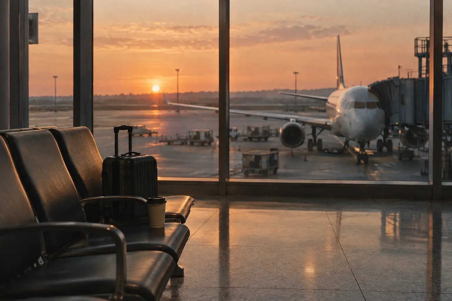 An empty airport gate at sunrise with a carry-on suitcase by the window.