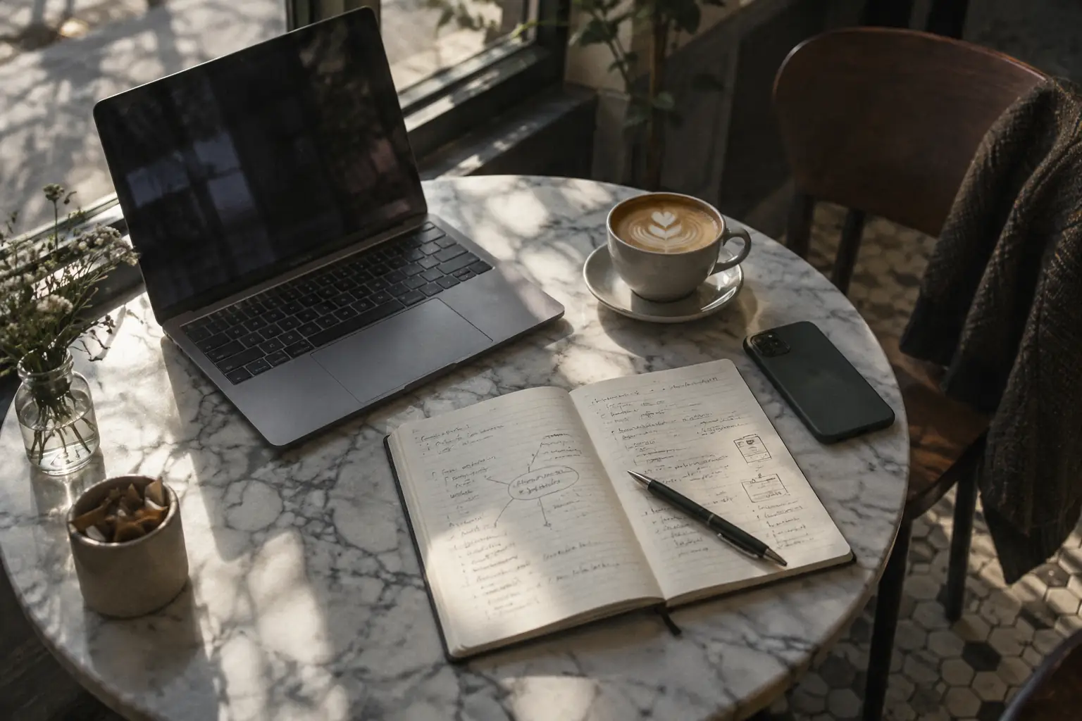 A café table with an open laptop, a notebook full of handwritten plans and a flat white.