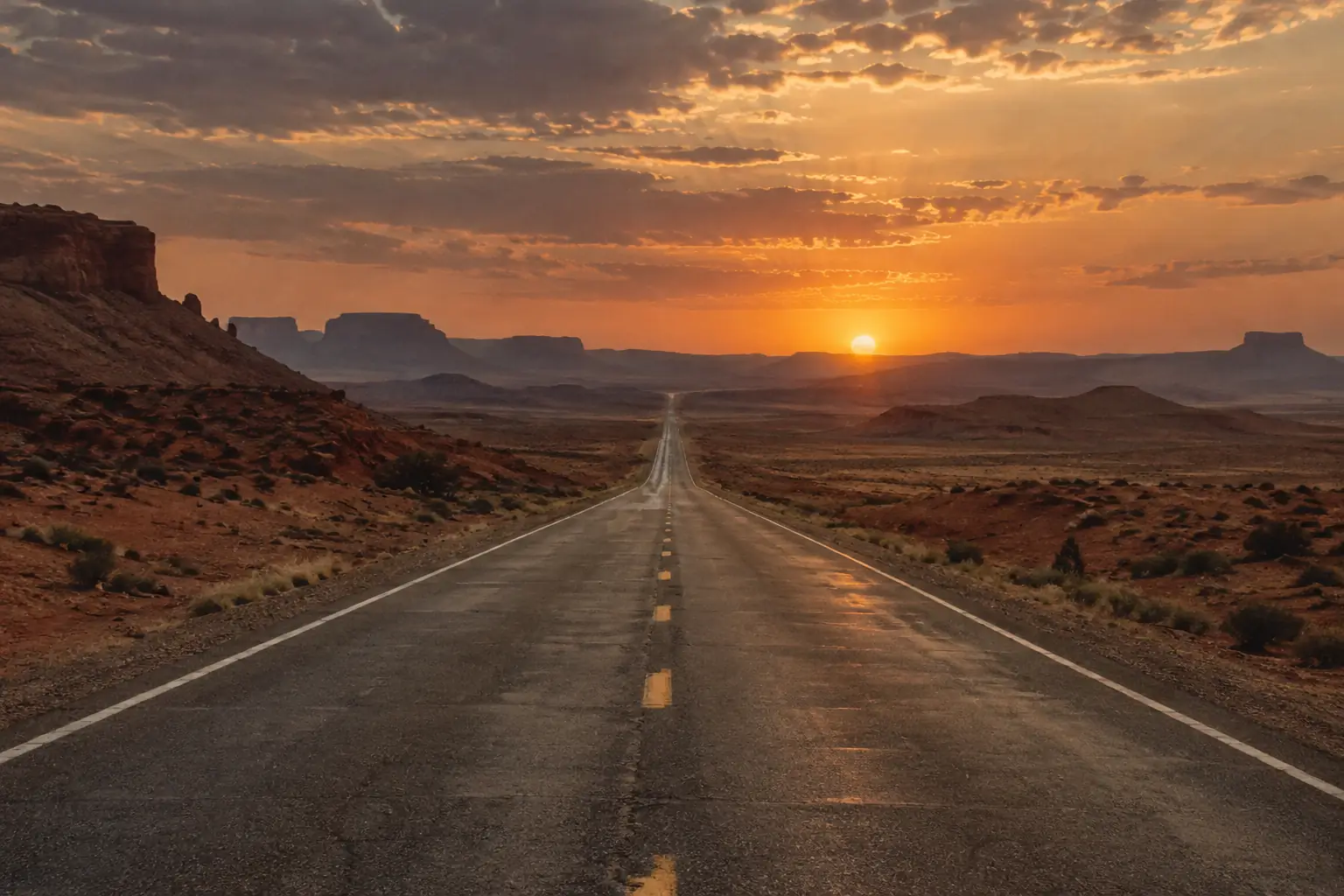A straight desert road disappearing into the horizon at sunset.