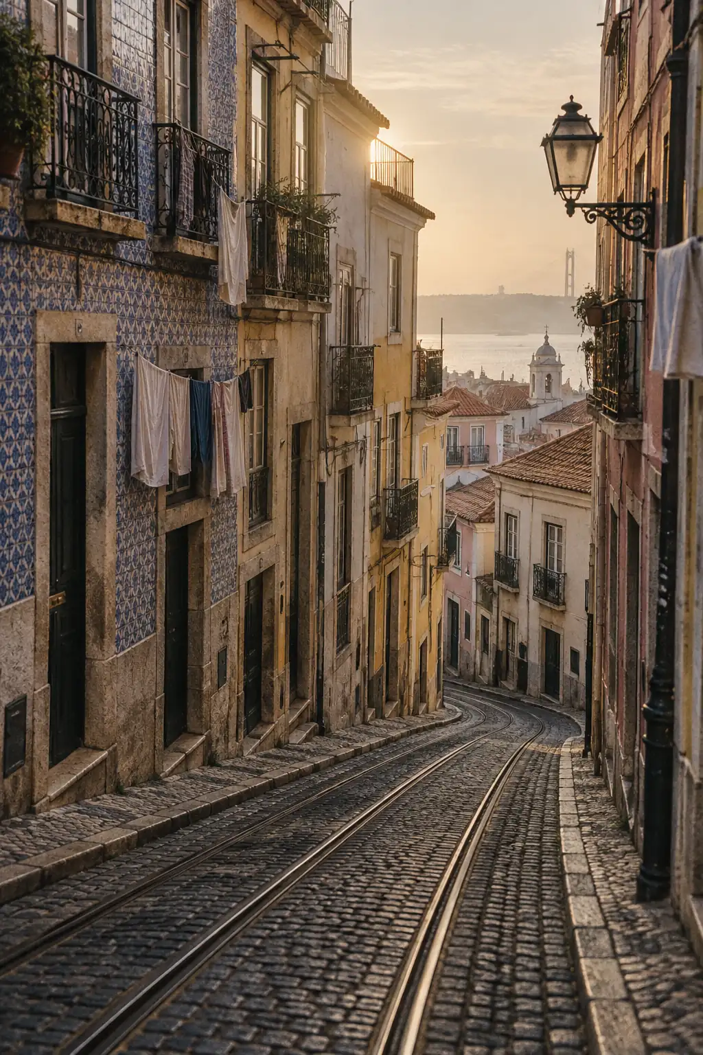 A steep cobblestone street with tram rails in Lisbon.