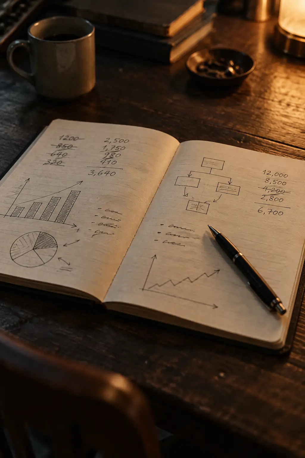 An open notebook with rough business sketches and crossed-out numbers under warm light.