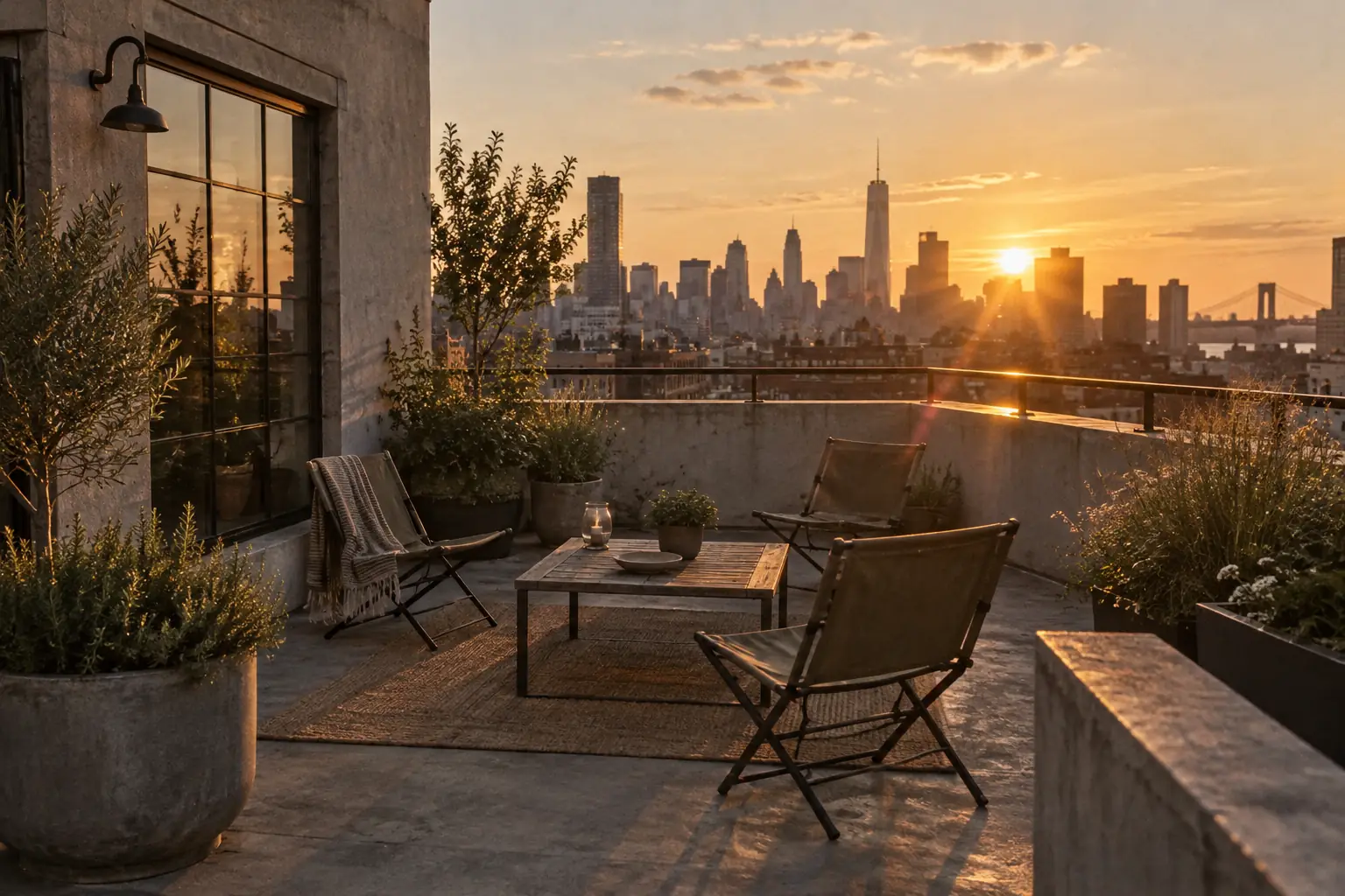 A rooftop terrace at golden hour with folding chairs and a city skyline.