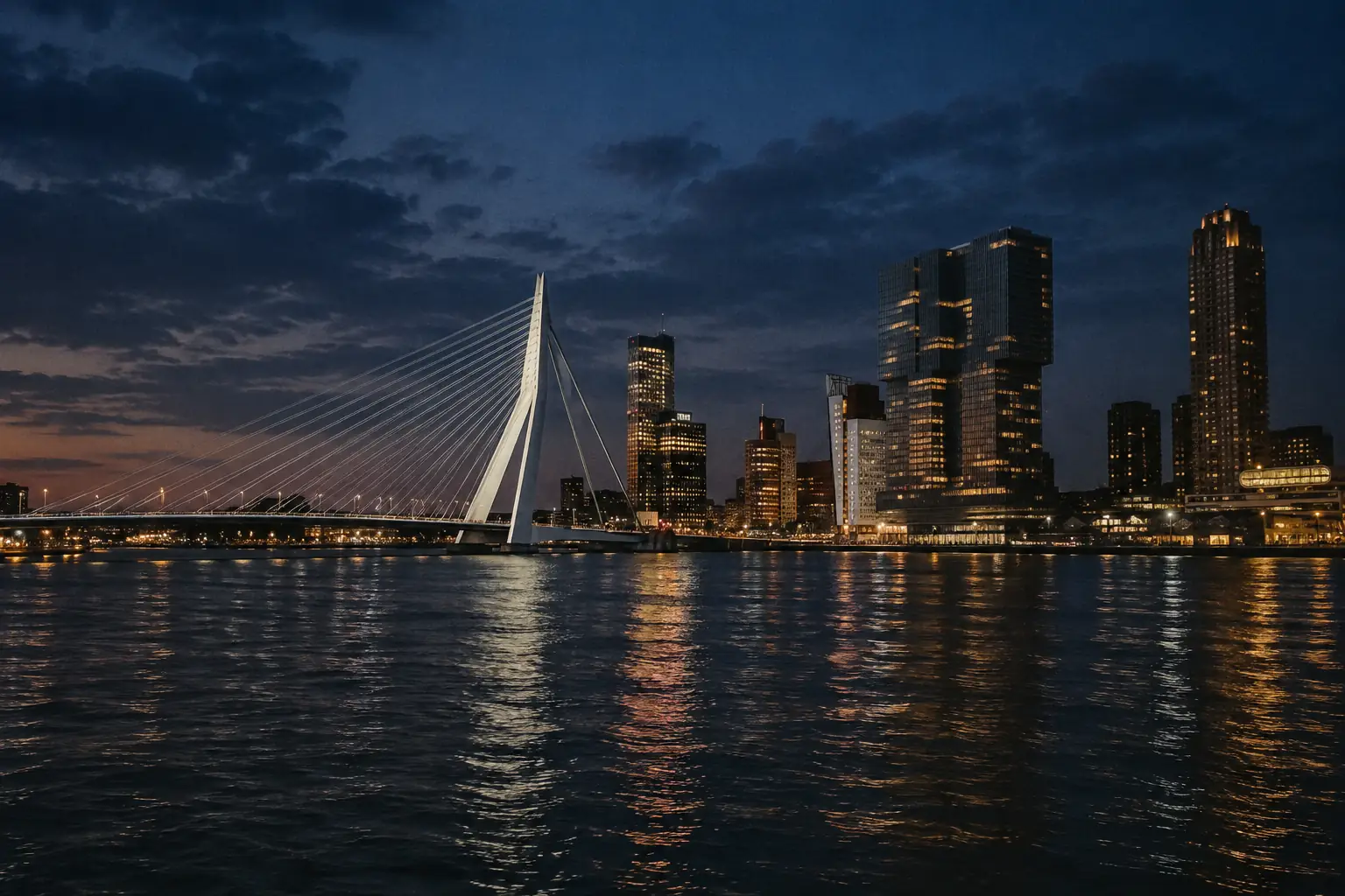 Rotterdam skyline and the Erasmus bridge at night, seen from the river Maas.