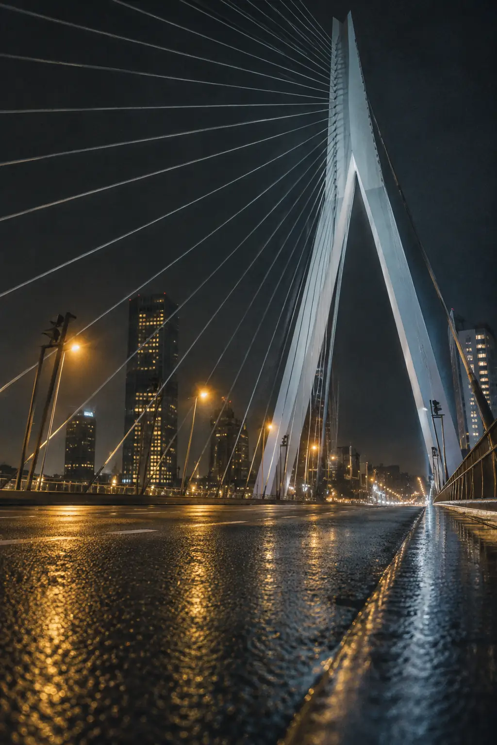 The white pylon and cables of the Erasmus bridge in Rotterdam at night.