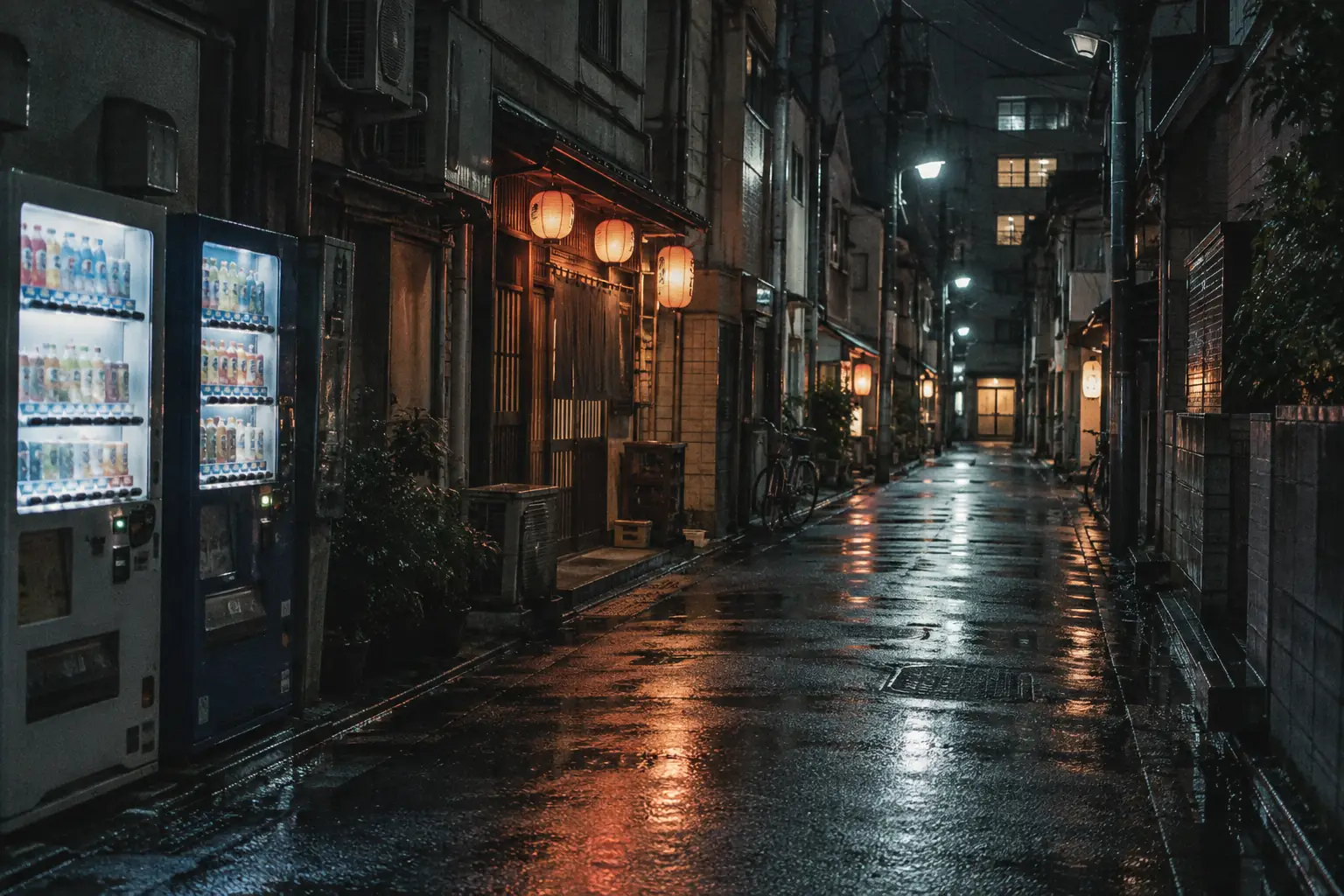 A quiet Tokyo side street at night with glowing vending machines.