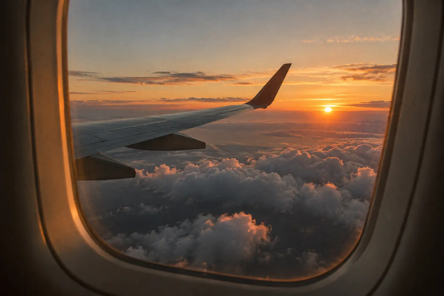 A plane window above the clouds at sunset with the wing in view.